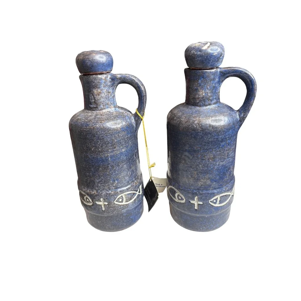 Vintage Steuler Keramik 1960's West German Blue Stoneware Pottery Jug Set MCM‎
